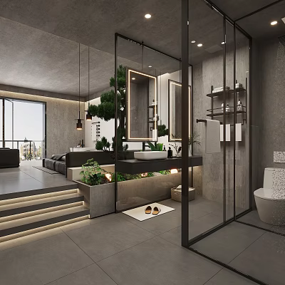 Modern Hotel Room Featuring Glass Partition Mirror Green Plants Gray Tones And Sink Counter 3d model