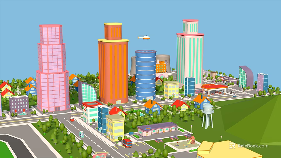 Cartoon City Scene With Colorful Tall Buildings Low Rise Structures Green Lawns And Trees 3d model 