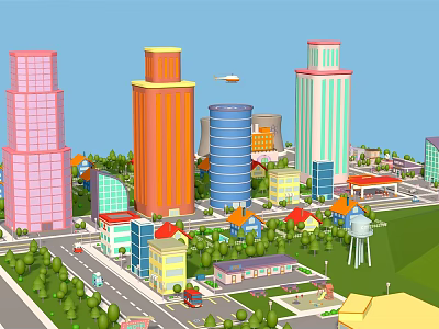 Cartoon City Scene With Colorful Tall Buildings Low Rise Structures Green Lawns And Trees 3d model