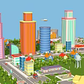 Cartoon City Scene With Colorful Tall Buildings Low Rise Structures Green Lawns And Trees