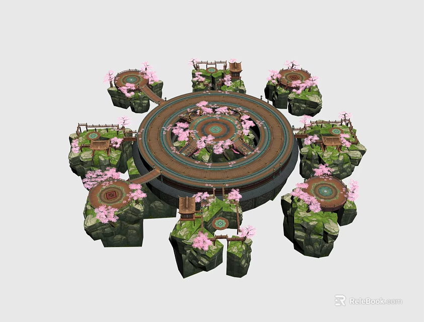 Circular Ancient Architecture With Stone Platforms Wooden Railings Paths And Pink Cherry Blossoms 3d model 