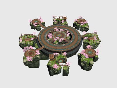 Circular Ancient Architecture With Stone Platforms Wooden Railings Paths And Pink Cherry Blossoms 3d model