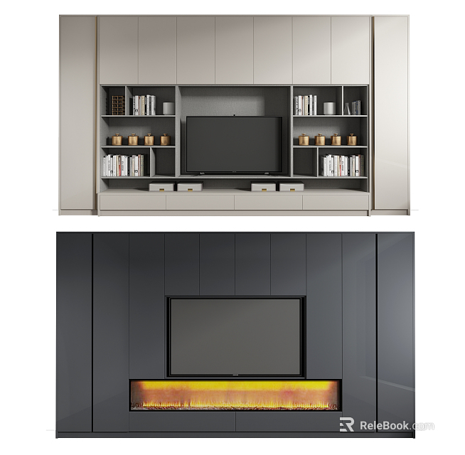 Modern Sleek TV Wall Unit Featuring Bookshelves Storage Drawers And LED Lighting 3d model 