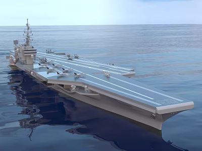 Naval Aircraft Carrier Sailing On Open Sea With Flight Deck And Military Gear 3d model