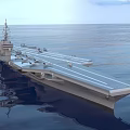 Naval Aircraft Carrier Sailing On Open Sea With Flight Deck And Military Gear