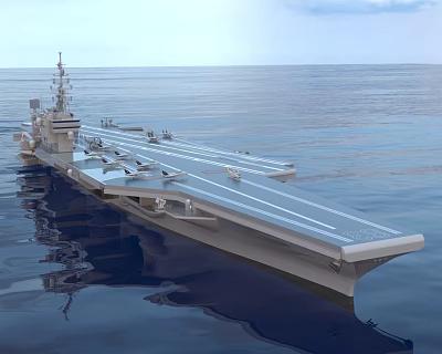 Naval Aircraft Carrier Sailing On Open Sea With Flight Deck And Military Gear 3d model