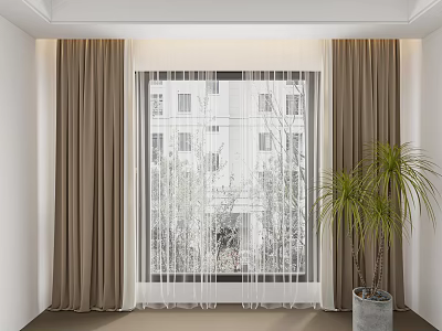 Interior with window featuring brown curtains and white sheer curtains beside green plant 3d model