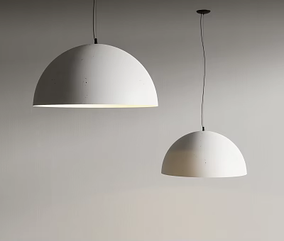 White Dome Shaped Modern Pendant Lights Hanging In Minimalist Interior Design 3d model