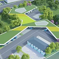 Outdoor Truck Parking Canopy Covering Blue Trucks In Green Tree Area
