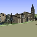 Rustic Wooden Building With Steeple Porch Grassland Trees And Wooden Fence