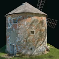 Old Brick Windmill Tower With Weathered Walls Wooden Blades And Grass Area