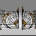 Ornate Wrought Iron Gate With Golden Leaf Scroll Accents And Stone Pillar Lamps