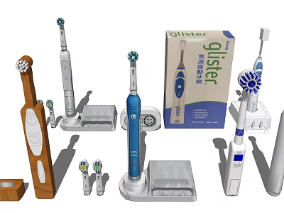 Various Bathroom Accessories With Electric Toothbrushes Replacement Brush Heads And Charging Bases 3d model