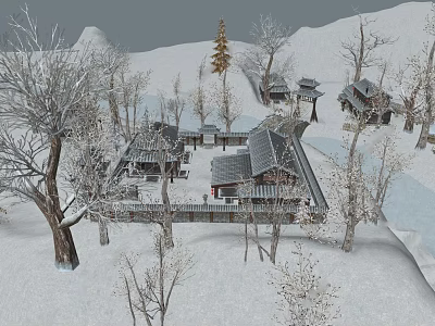 Snowy Winter Landscape With Traditional Village Houses Bare Trees And Snow Covered Roofs 3d model