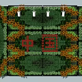 Artistic Landscape Wall With Green Orange Plants And Red Chinese Characters Design
