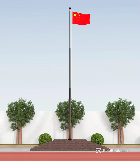 National Flag Flying On Flagpole With Green Trees White Wall And Blue Sky 3d model 