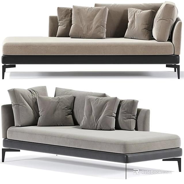 Modern Light Gray Chaise Lounge With Multiple Soft Cushions And Black Frame 3d model