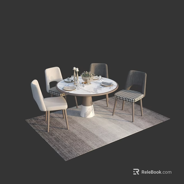 Modern Round Dining Table Set with Four Chairs and Decorative Table Setting on Area Rug 3d model
