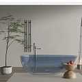 Transparent Blue Bathtub with Greenery Wooden Stool Strawberries Decorative Lamp on Light-Colored Wall Wooden Floor