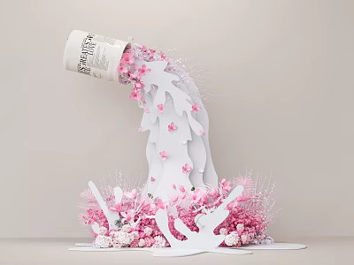 Elegant Floral Display Spilling from White Can with Pink Flowers and White Petals 3d model
