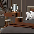 Elegant Brown Dressing Table with Round Mirror Open Drawers and Gold Stool 3d model