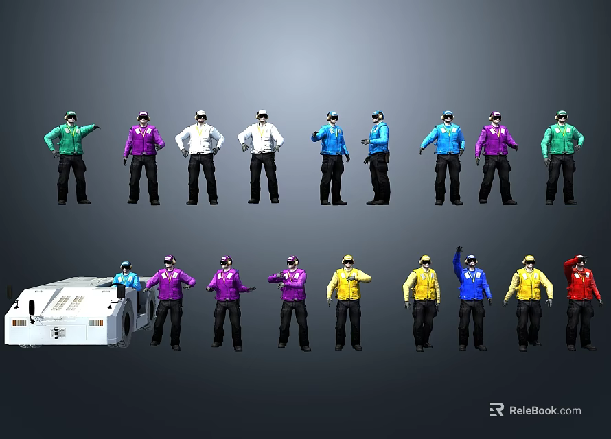 Group Of Men In Different Colored Jackets Posing With White Equipment 3d model 