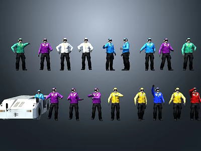 Group Of Men In Different Colored Jackets Posing With White Equipment 3d model
