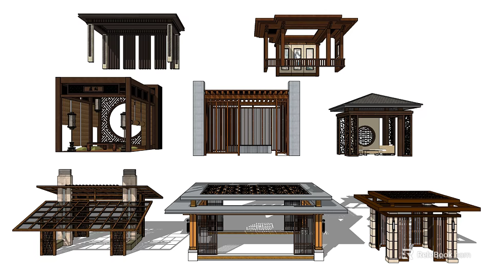 Traditional Chinese Architectural Pavilions and Pergolas with Various Carved Details and Styles 3d model 