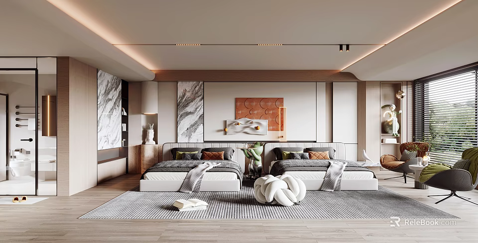 Modern Hotel Room Interior with Twin Beds Artwork Rug and Green Plant 3d model 