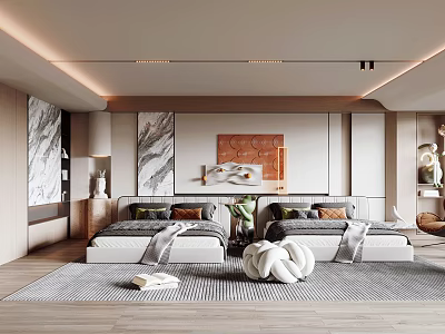 Modern Hotel Room Interior with Twin Beds Artwork Rug and Green Plant 3d model