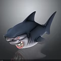 Cartoon Style Blue And White Shark 3D Model With Red Eyes Open Mouth Sharp Teeth