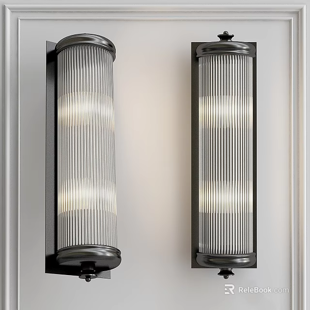 Modern Wall Sconces With Vertical Ribbed Glass Shade And Black Metal Frame 3d model 