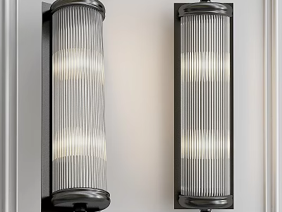 Modern Wall Sconces With Vertical Ribbed Glass Shade And Black Metal Frame 3d model