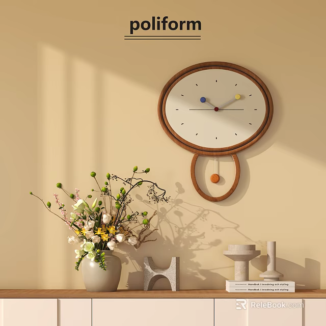 Modern Round Wooden Wall Clock With White Dial Colorful Hands And Pendulum On Beige Wall 3d model 