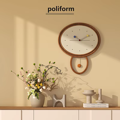 Modern Round Wooden Wall Clock With White Dial Colorful Hands And Pendulum On Beige Wall 3d model