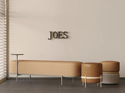 Beige Upholstered Stools in Modern Interior With JOES Sign and Blinds 3d model