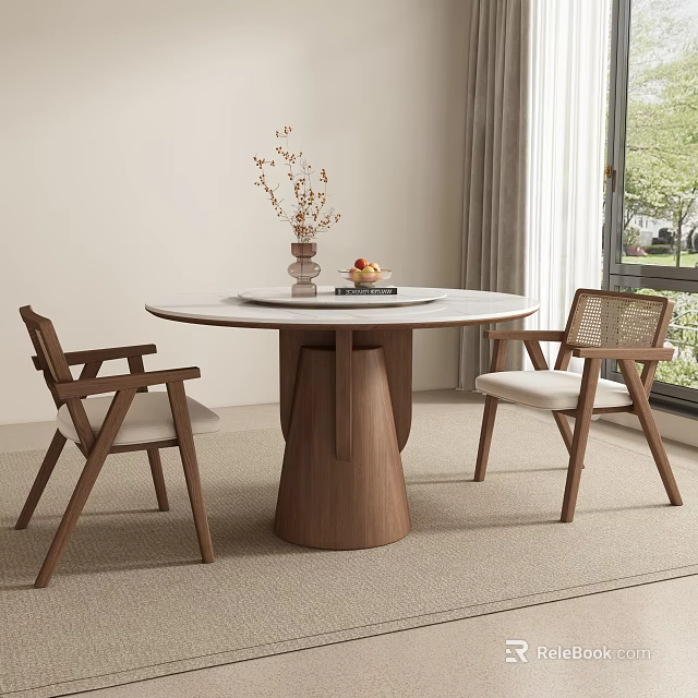 Round Wooden Dining Table Set with Two Chairs Vase Dried Branches and Fruit on Table 3d model 