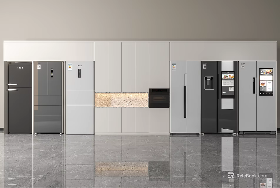 Modern Kitchen Interior Showcasing Various Refrigerators And Freezers In Black White Colors 3d model 
