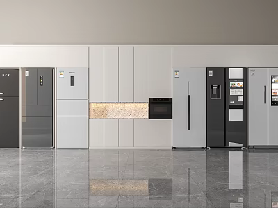 Modern Kitchen Interior Showcasing Various Refrigerators And Freezers In Black White Colors 3d model
