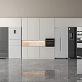 Modern Kitchen Interior Showcasing Various Refrigerators And Freezers In Black White Colors