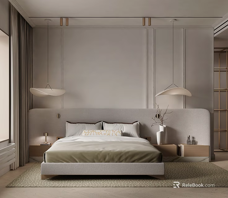 Modern Bedroom Interior With Large Bed Upholstered Headboard Pendant Lights And Nightstands 3d model 