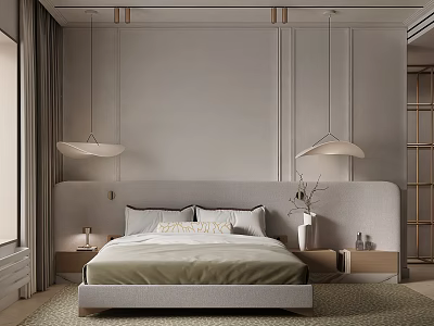 Modern Bedroom Interior With Large Bed Upholstered Headboard Pendant Lights And Nightstands 3d model