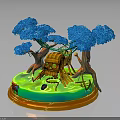 Enchanting Natural Scene With Blue Trees Tree House And Green Ground