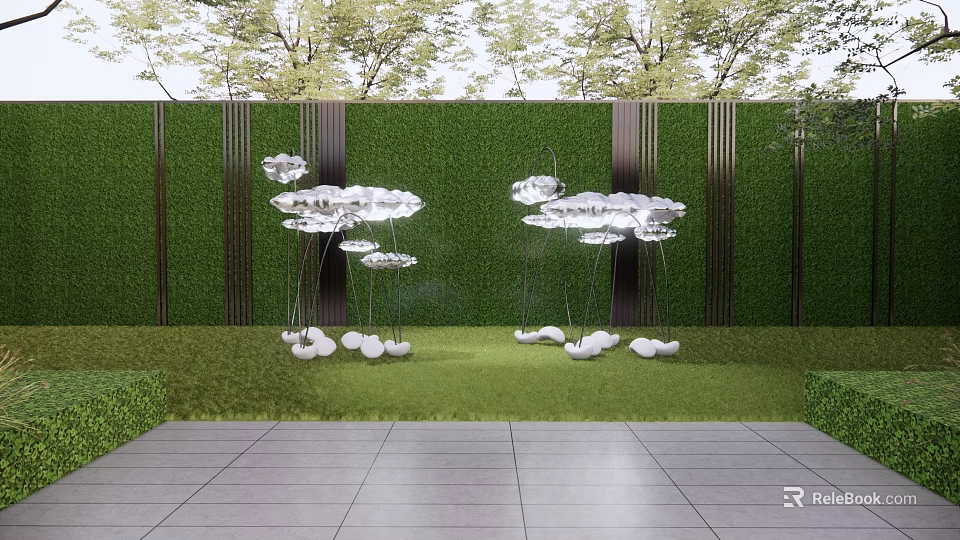White Cloud Like Sculptures in Garden with Green Vertical Wall and Stone Pavement 3d model 