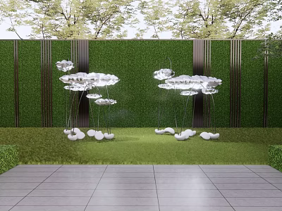 White Cloud Like Sculptures in Garden with Green Vertical Wall and Stone Pavement 3d model