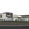 Modern Sales Office Building Exterior With Glass Curtain Wall Open Plaza And Reflective Pool