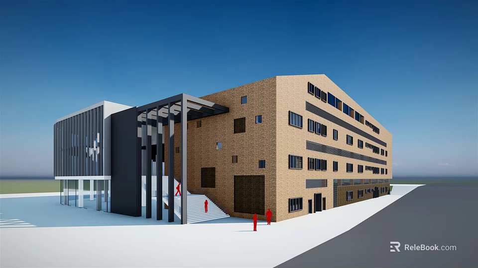 Modern Brown Brick Building Featuring Multiple Windows Entrance Canopy And Stairs 3d model