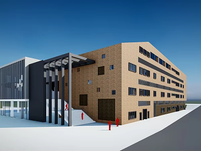 Modern Brown Brick Building Featuring Multiple Windows Entrance Canopy And Stairs 3d model