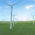 Wind Turbines Standing On Green Grassland Under Blue Sky With White Clouds