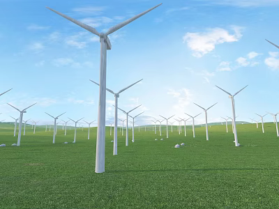 Wind Turbines Standing On Green Grassland Under Blue Sky With White Clouds 3d model